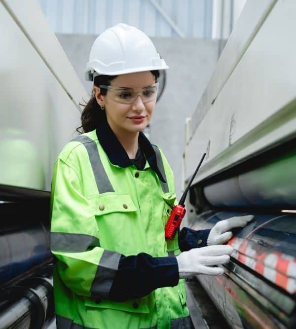 A female worker dressed in proper PPE inspects a system
