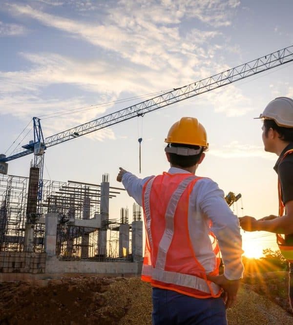Engineers discussing at a construction site. Adhering to construction laws in Thailand is paramount